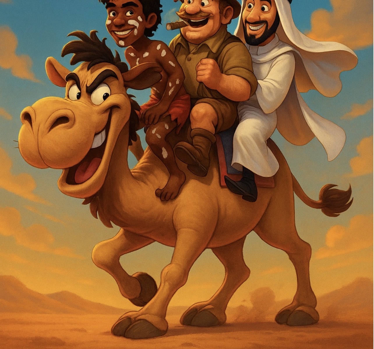 HAGAR — the camel with Jimmy, Case, and Ali riding across the desert
